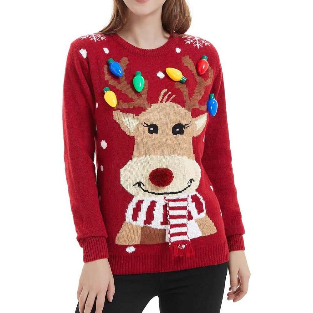 Women's Red Christmas Reindeer Traditional Knitted Pullover Cardigan Sweater